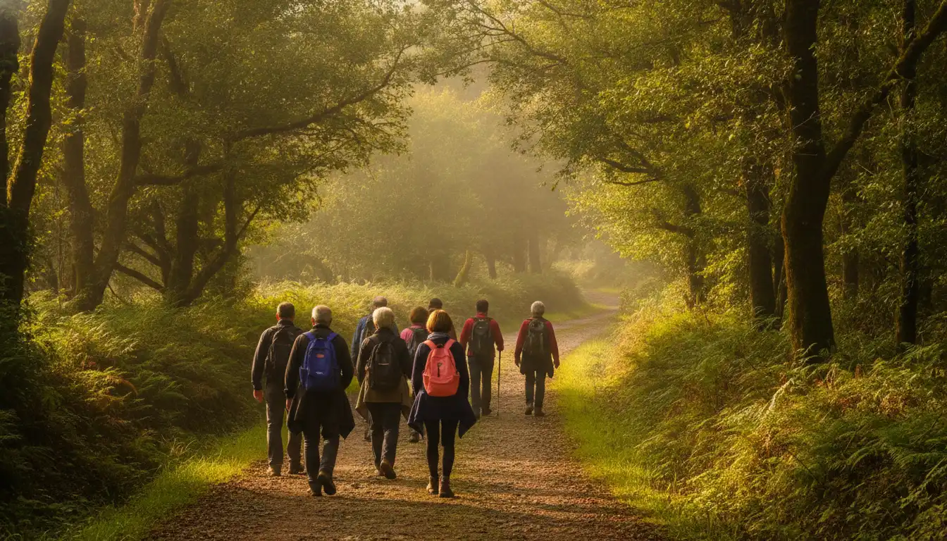 Peregrinos de espaldas en un sendero rural del Camino de Santiago en Galicia