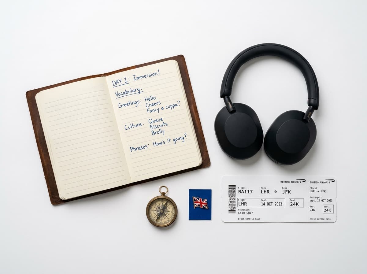 Cuaderno de vocabulario en inglés, cascos y tarjeta de embarque sobre fondo blanco
