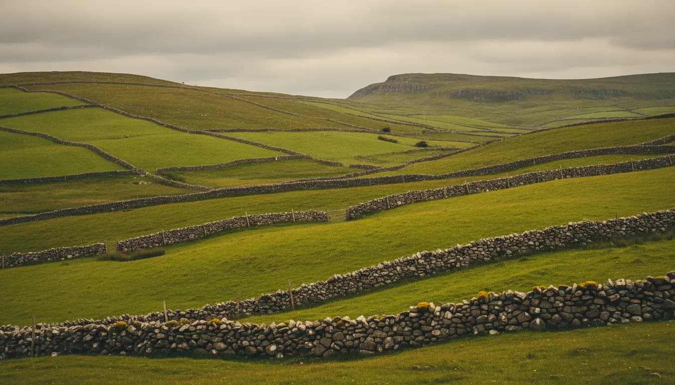 Campo verde irlandés con muros de piedra